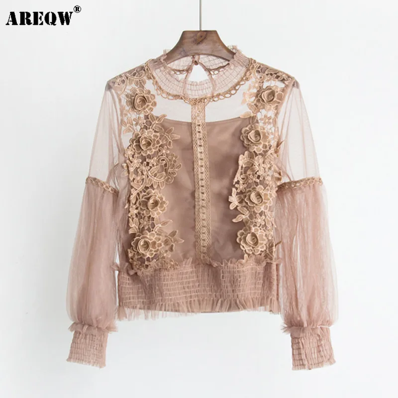 Kopen 2018 Nieuwe Lente Zoete Stand Kraag Taille Gaas Lantaarn Mouwen Match Vrouwelijke Bloem Kant Shirt Blouse Zwart Wit Tops Roze