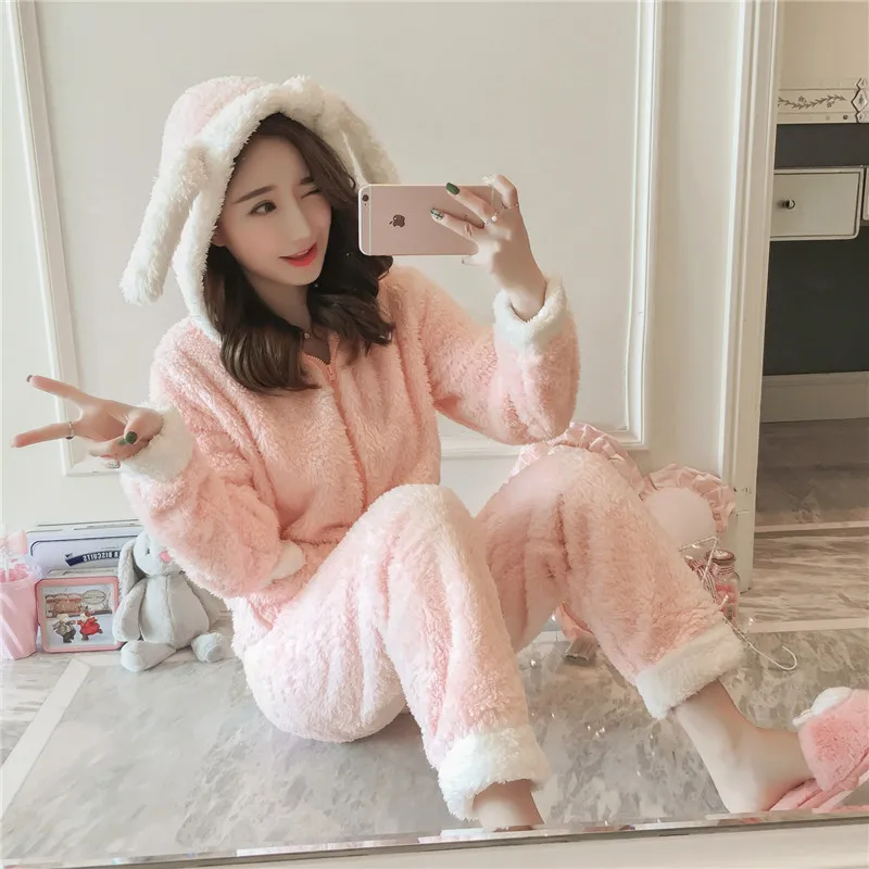 Women Pajamas Winter Autumn Flannel Suits Cartoon Sleeping Clothes Two Piece Zipper Hooded Warm Nightys 2018 Female Pajama JW304 (9)