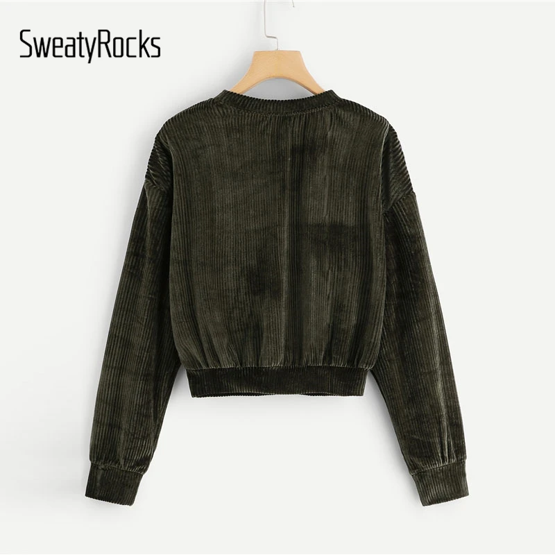  SweatyRocks Army Green Ribbed Velvet Sweatshirts Long Sleeve O-Neck Active Wear Pullovers 2018 Autu