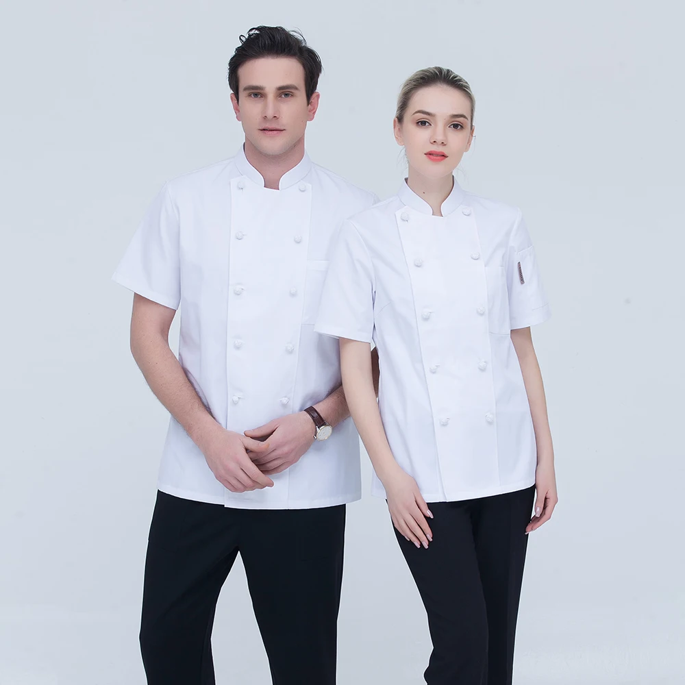Белый Новый M-4XL оптовая продажа женщин мужчин с коротким рукавом двубортный кухня рабочая одежда шеф-повара КУРТКА Питание Ресторан Бейкер