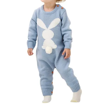 

Baby Rompers 3D Rabbit Knitted Toddler Boys Jumpsuits Long Sleeve Newborn Infant Bunny Onesie Outfits Button Cover Costume