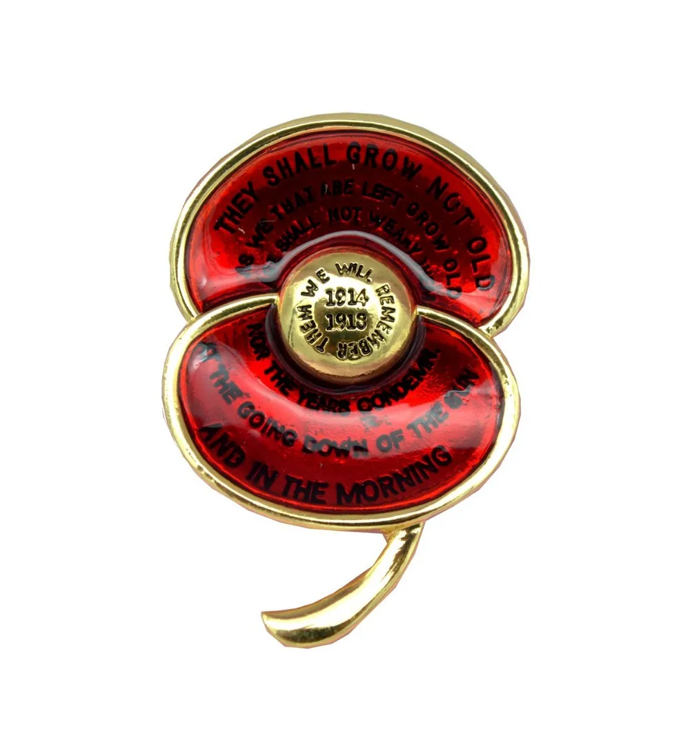 

Ode of Remembrance Red Enamel Poppy Brooch First World War Centenary Badge Engraved with Poem "For the Fallen"