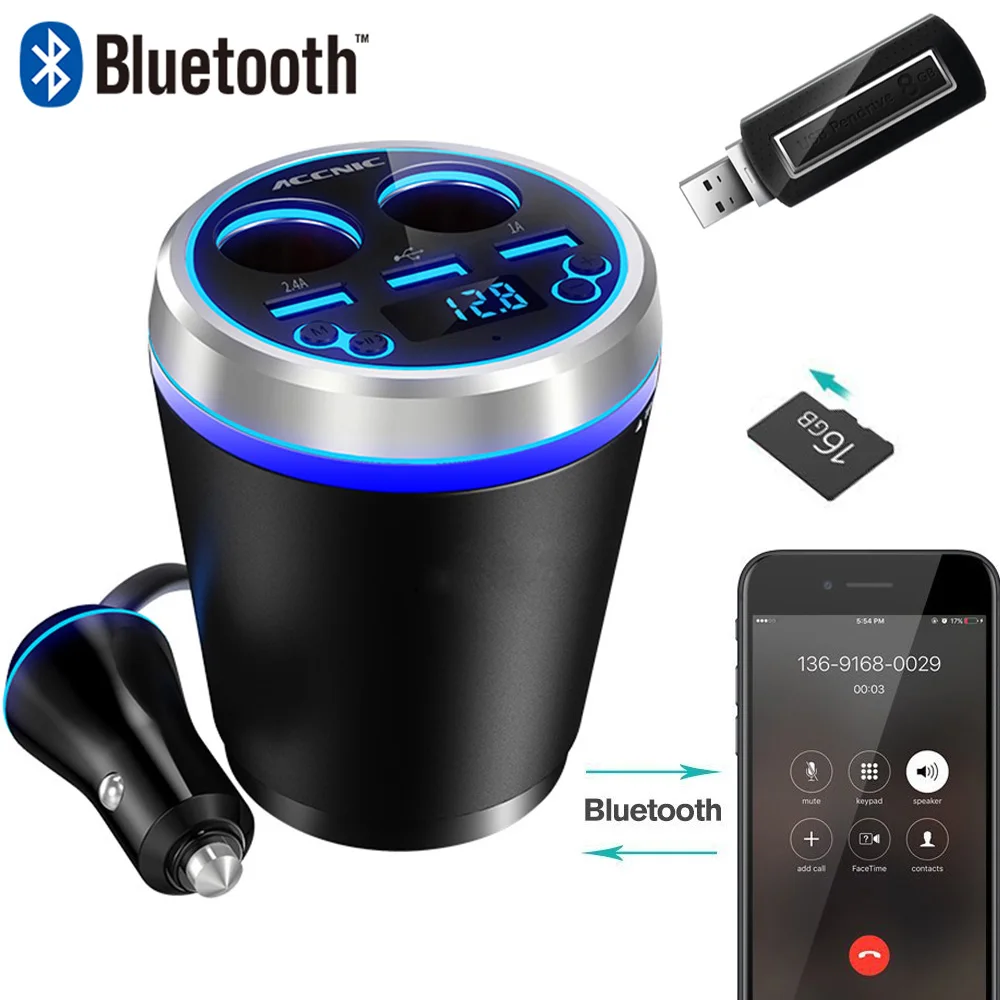 FM Transmitter Bluetooth Car Music Player with 3 USB Car Charger 2 Way