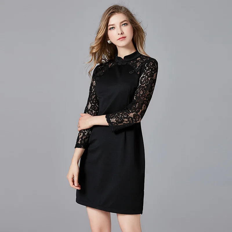 

2019 spring lace patchwork black dresses plus size stand collar OL office lady design women hollow lace dress