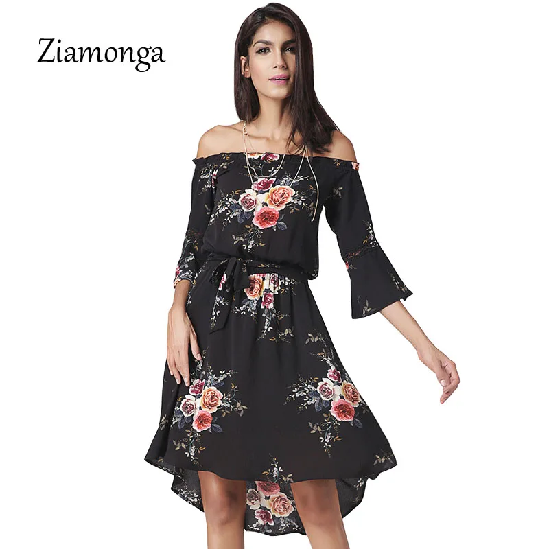 

Ziamonga 2017 New Off Shoulder Chiffon Dress Black Floral Printed Summer Dress Casual Flare Sleeve Bohemian Dress Women Vestidos