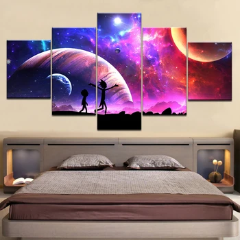 

5piece Poster Canvas Rick And Morty Cartoon Star Sky Moon wall posters Art Painting For home living room decoration