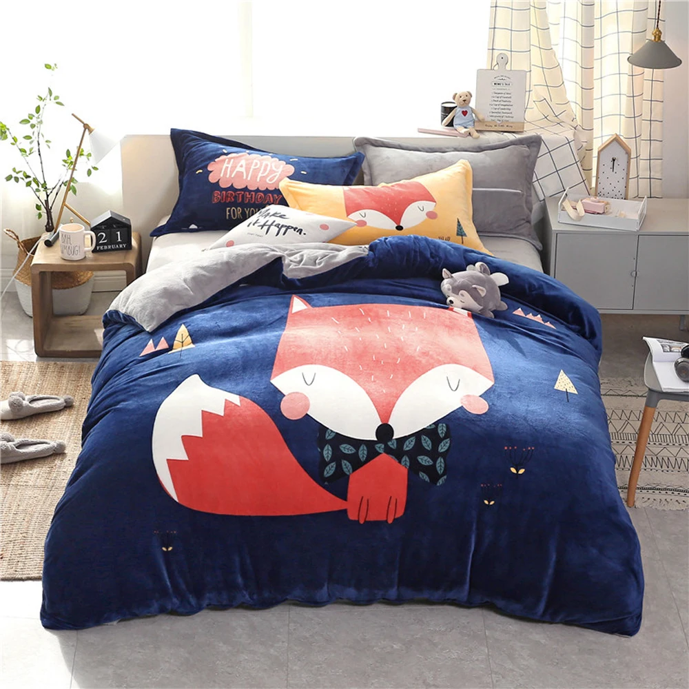 

2018 Cartoon Fox Deep Blue Winter Duvet Cover Sets 4Pc Flannel Fleece Bedding Set Queen Size Bedlinens Bedsheet Pillowcases