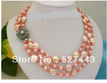 

Wholesale free shipping >>stunning 3rows 12mm round pink coin freshwater pearls pink coral necklace