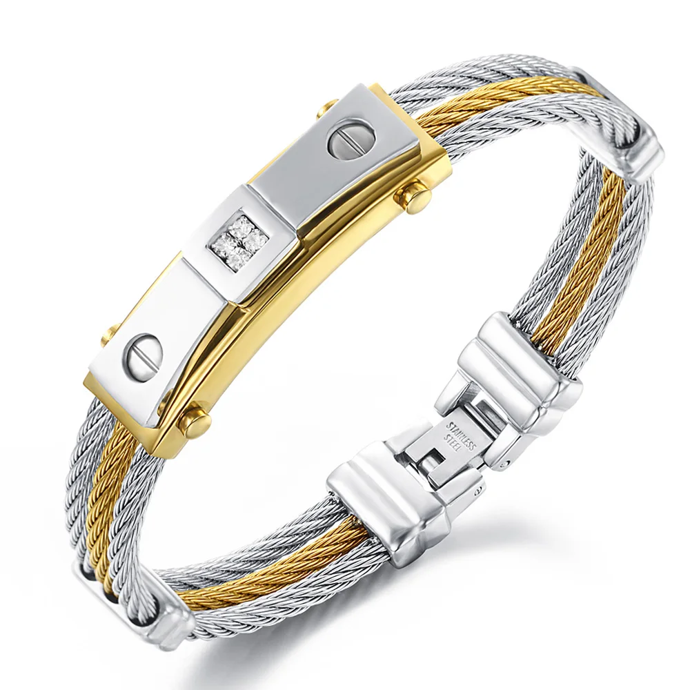 

Stainless steel men bracelet jewelry cubic zirconia punk heavy metal multi layer bracelets bangles gold silver Color jewellery