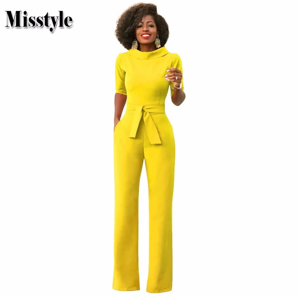 Misstyle Stand Collar Jumpsuit Sexy OL Solid Sashes Shrink Waist Jumpsuit Solid Half Sleeves