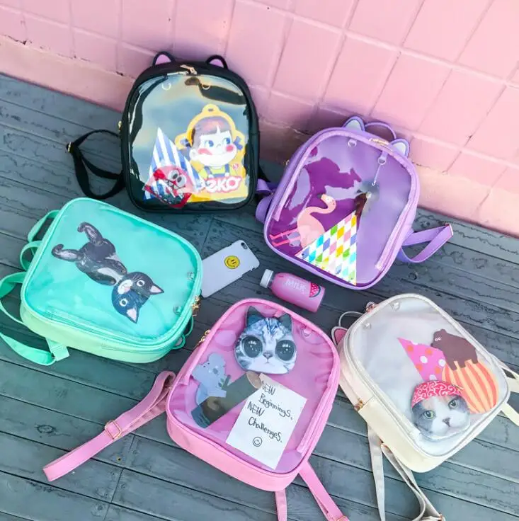 Bolsas escolares coreanas de Color caramelo gato Ita para niñas adolescentes PU cuero gelatina transparente Mochila Rugtas Mochila Escolar