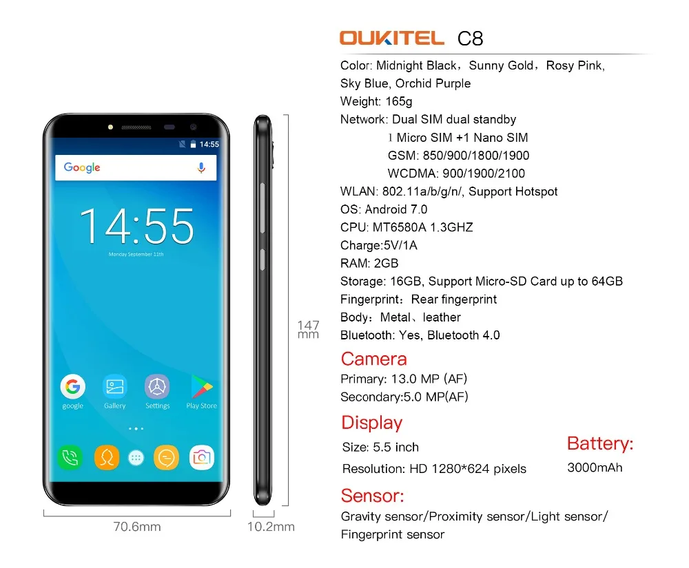 Отремонтированный Oukitel C8 мобильный телефон 3g 5 'ཎ:9 HD экран четырехъядерный 2 Гб