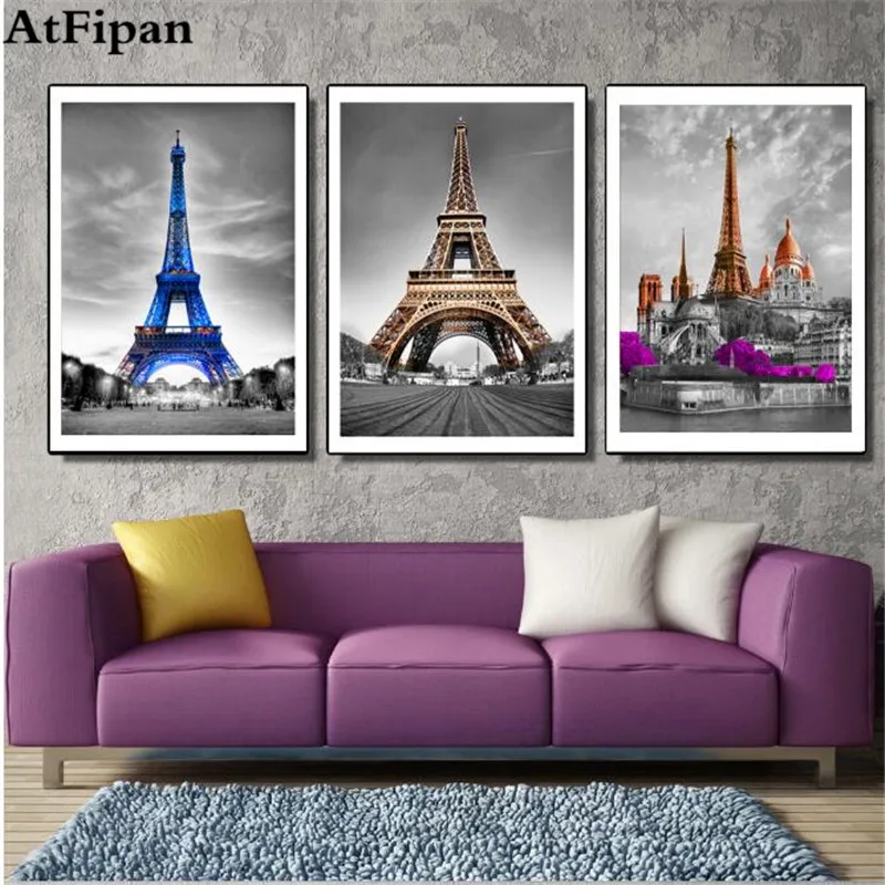 

AtFipan 3 Panel Unframed Eiffel Tower Modular Picture Building Night Landscape Canvas Prints For Living Room Home Decor