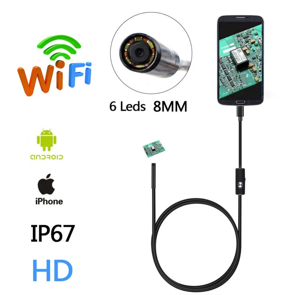 HD Wifi Wireless Endoscope Inspection Camera with 8MM Lens 5m Cable Waterproof Borescope Support