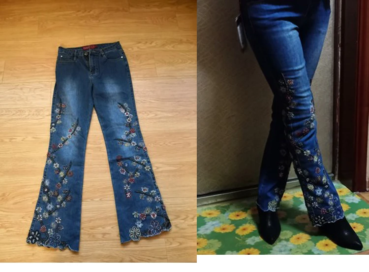 FERZIGE бренд обтягивающие брюки-клеш женская уличная одежда ручной работы с бисером джинсы с цветочной вышивкой красивая женская одежда брюки