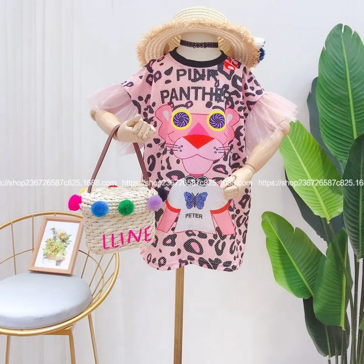 

Children's Wear Girls 2019 Summer New Loose Leopard Cartoon Leopard Cutout Yarn Short Sleeve Dress