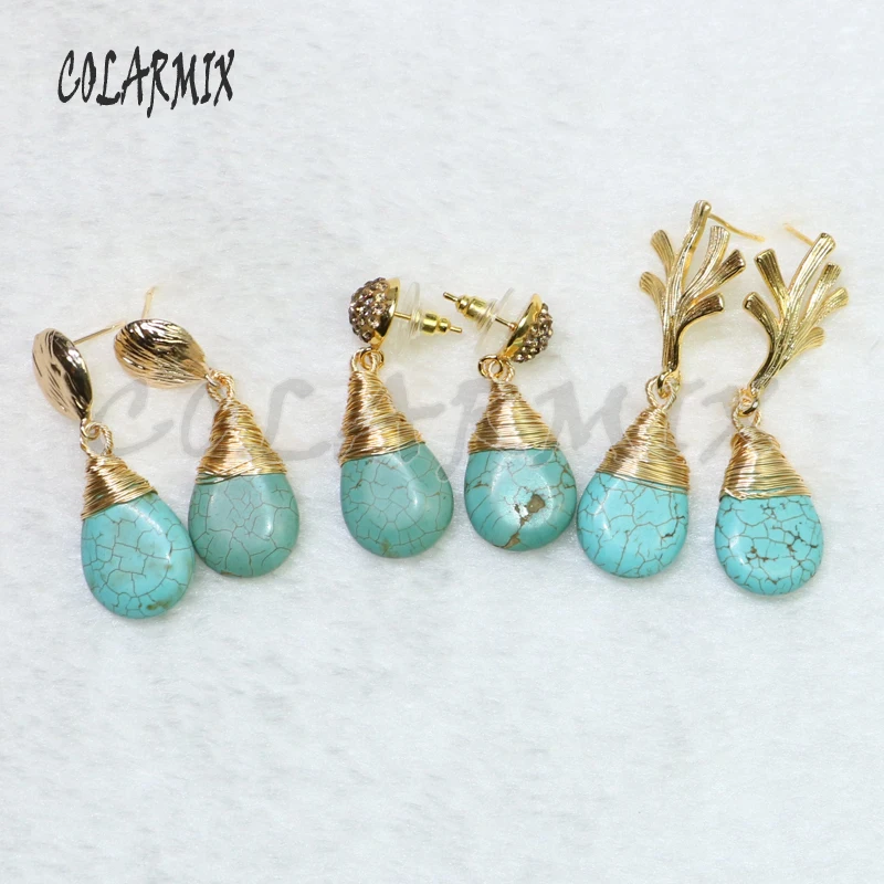 

Natural Blue stone earrings Handmade jewelry stone earrings free form pearls earrings gift for lady stone jewelry 9125