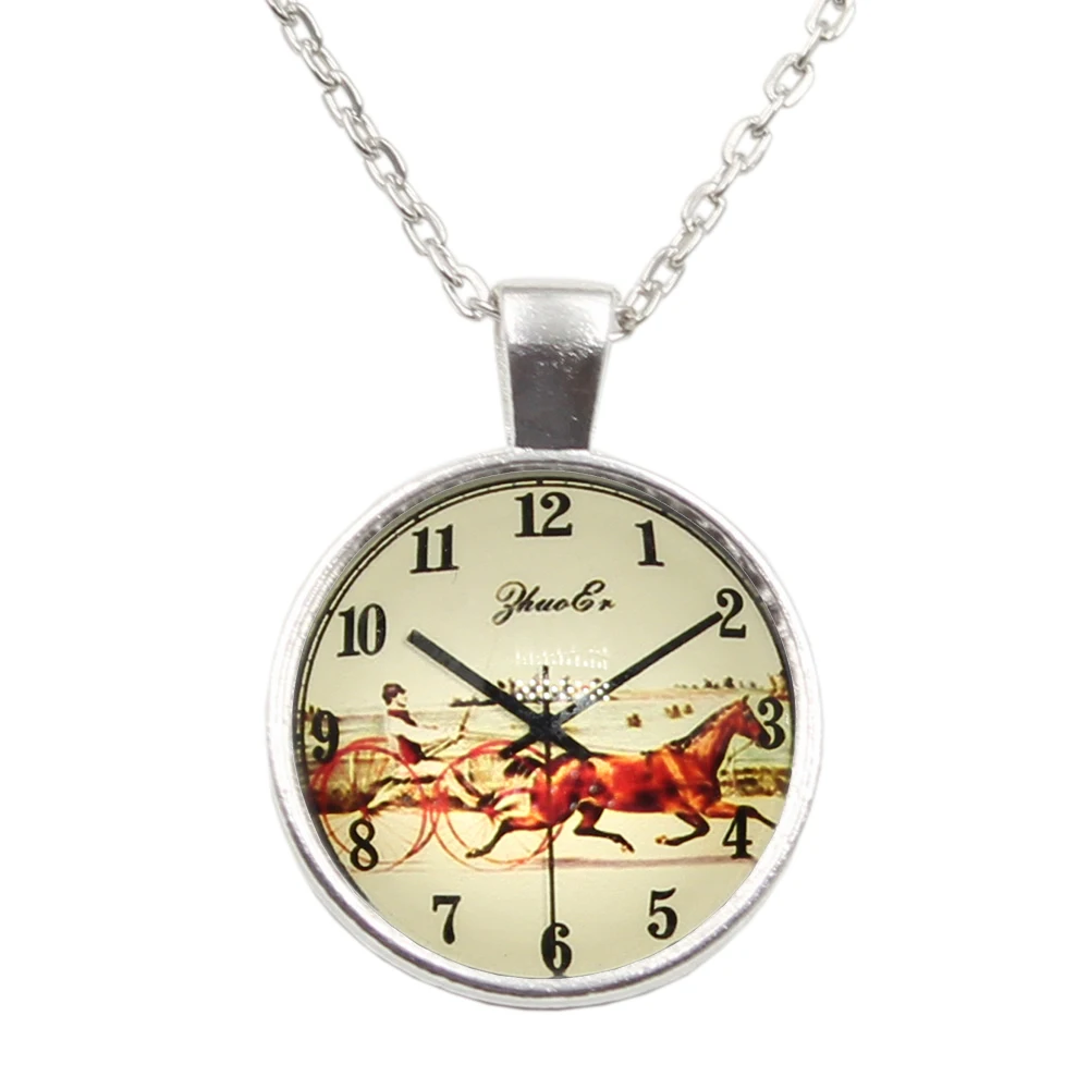 New Brand Jewelry Horse Clock Pocket Watches Charming Glass Cabochon Silver Color Long Pendant Necklace For Women Gift | Украшения и