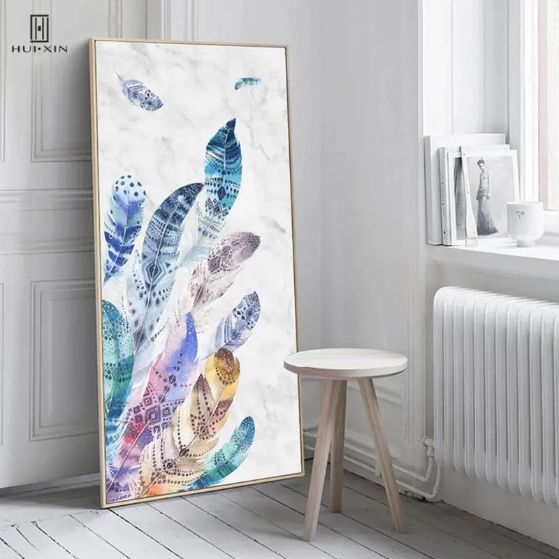 

Minimalist Impressing Poster Varicolored Feathers Flying Frameless HD Pattern Canvas Painting Wall Art For Home Hallway Decor
