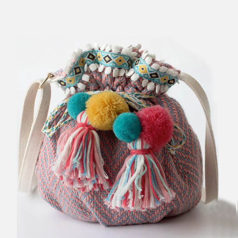 LilyHood Для женщин бохо шик ткань сумка Ibiza богемный Племенной Цыганский S бахромой Pom милый маленький ведро Кроссбоди Мешок - Цвет: Многоцветный