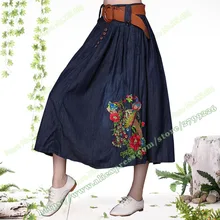 Весна и лето плюс Размеры вышивка большой цветок Повседневное Line Макси долго feminina Женские джинсы юбка Для женщин(ремень