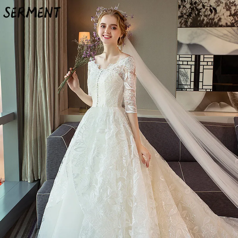 

30% Discount 2019 New Wedding Lace Tail Long Sleeve Aristocratic Elegant Bride Print Explosion Wedding Dress