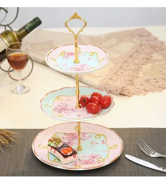 

European-style ceramic three-layer fruit plate blue living room creative cake rack dried fruit plate afternoon tea snackt