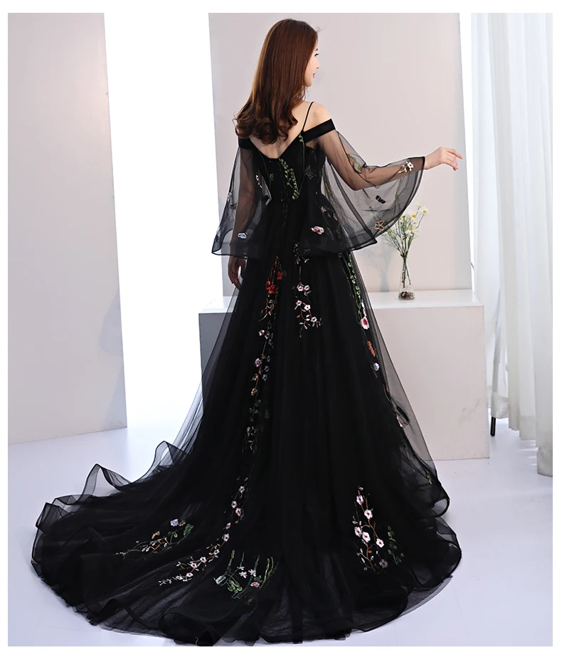 Robe De Soriee/Новинка черные вечерние платья длинное платье с вышивкой и цветами