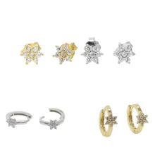 Tiny small CZ flower stud earrings 925 sterling silver jewelry fashion women plain minimal dainty lotus daisy zircon earing