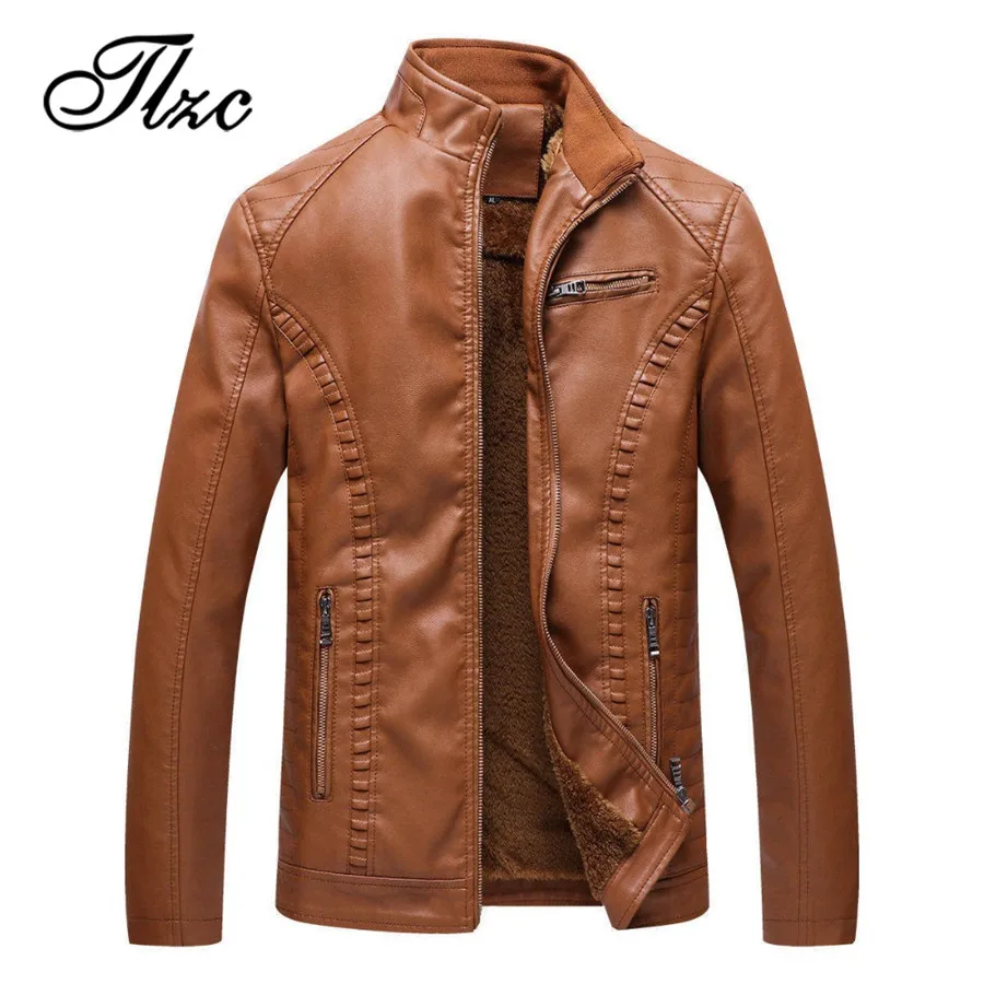 

TLZC New Winter Men's Fleece Solid Color Leather Jacket Fashion Coats Plus Size L-6XL Motorcycle Keep Warm Man Leather Jackets