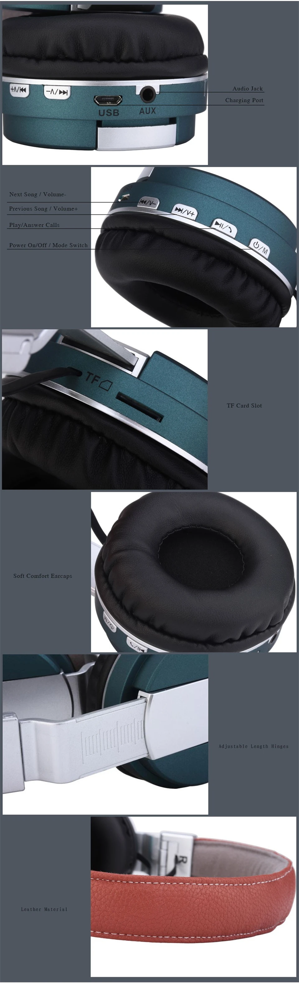 BT008 Bluetooth Headphone Stereo Wireless Bluetooth 4.0 Foldable Metal Headset Portable Earphone Support TF Slot AUX MP3 Player (7)