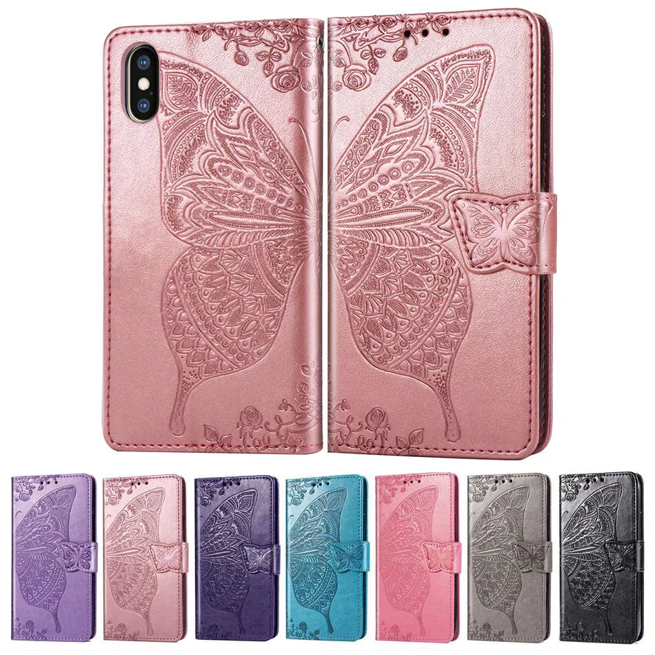 

Flip Wallet Leather Case On For iPhone XS MAX XR X 8 7 6 6S Plus Cover Butterfly Mmbossing Phone Cases For iPhone 7 8 Plus Coque
