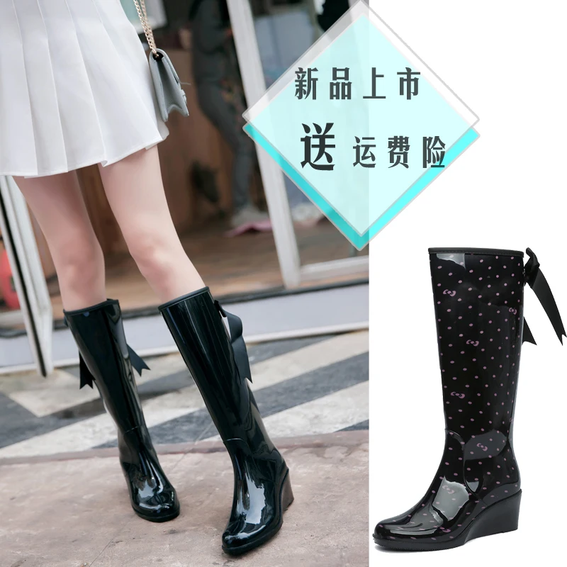 

Botas Mujer 8 Styles Wedges Rain Boots Women 2018 Dot Rainboots Round Toe Buckle Knee Platform Shoes Women Boots