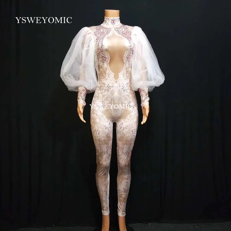 

Sexy White Nude Puff sleeve Jumpsuit Sexy Nightclub Bar Wear AB Rhinestones Jumpsuit Costume Prom Birthday Celebrate Outfit