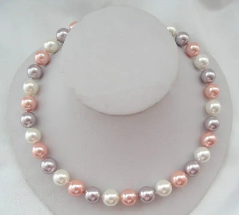 

Hot sale new Style >>>>>17 inch 10mm white pink and purple multicolored shell pearl pendant necklace