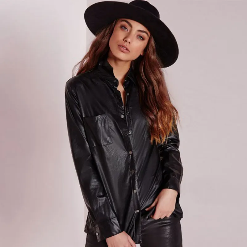 European and American Fashion Style PU Leather Blouse Women Causal