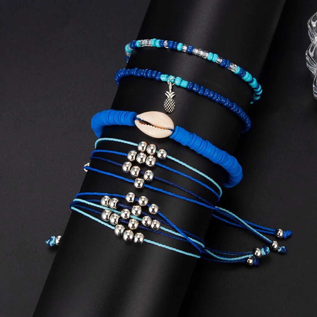 Boho Bangle Dolphin Pineapple Shell Bracelet for Women Fashion Mini Beads Rope Braided Bracelet Set Summer Bohemia Jewelry