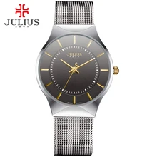 JULIUS Montre de Mode Casual Montre De Luxe Top Marque Logo Hommes Argent Noir Ultra Mince Maille En Acier Plein Quartz Étanche JA-577