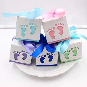 

50pcs Blue Pink Baby Shower Favor Boxes Candy Box Baby Foot Birthday Party Favors And Gifts Pack Box Chocolates Box