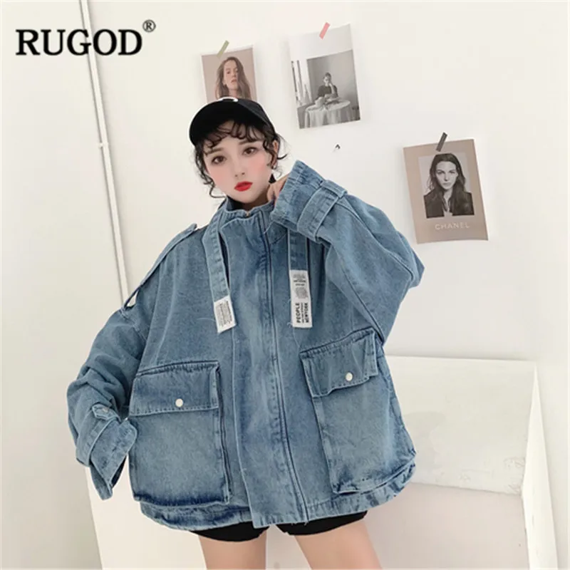 

RUGOD Fashion plus size women denim coat loose long sleeves zipper harajuku style streetwear pocket blue modis jeans jacket