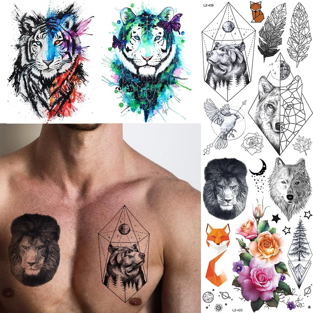 

Waterproof Fake Black Lion Bear Temporary Tattoos Stickers Women Men Chest Tatoos Body Arm Art Painting Tattoo Custom Adhesive