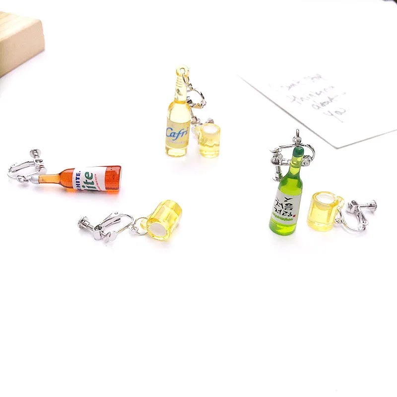 

WIWI 1Pair Personality Novelty Earrings Asymmetric Creative Wine Bottle Earrings Design Clip Earrings For Women No Ear Hole Stud