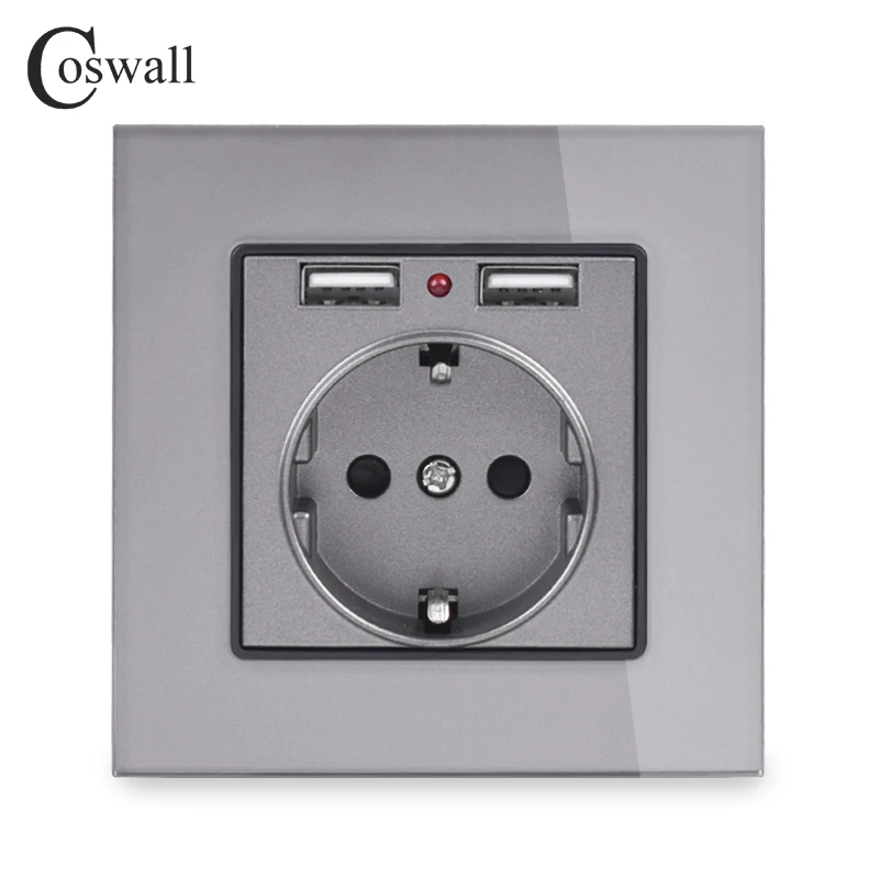 Coswall Crystal Glass Panel Dual USB Charging Port 2.1A 16A Russia