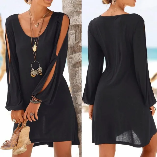 Moda damska sukienka czarna Casual O-Neck Hollow Out rękaw sukienka o prostym kroju solidna sukienka w stylu plażowym tanie tanio WOMEN Szyfonowa CYWANGCANCAN Moda damska sukienka czarna Casual O-Neck Hollow Out rękaw sukienka o prostym kroju solidna sukienka w stylu plażowym tanie tanio WOMEN Szyfonowa CYWANGCANCAN