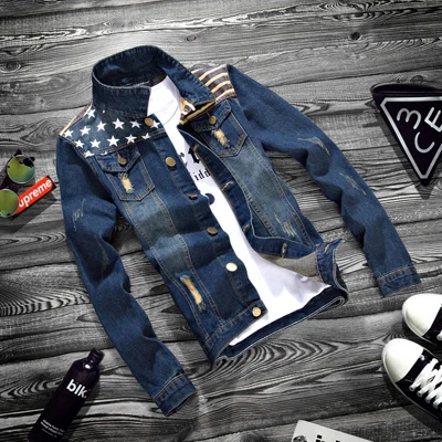 Джинсовая куртка мужская пальто темно-синяя Повседневная джинсовая куртка для подростков хлопковая куртка с отложным воротником пальто с длинными рукавами - Цвет: Синий