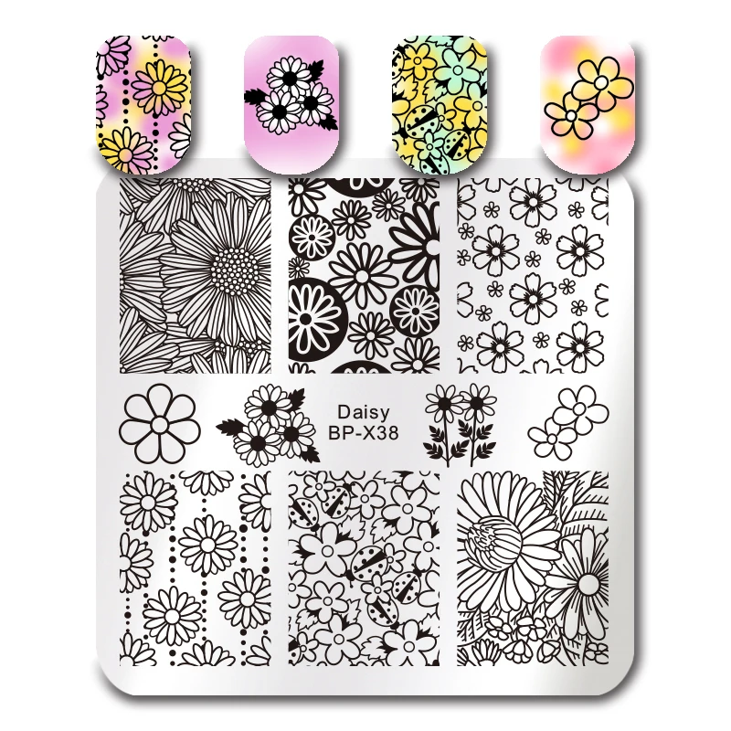 

BORN PRETTY 6cm Square Nail Art Stamp Template Daisy Floral Image Printing Plate Flower Pattern Manicure Stencil Tool BP-X38