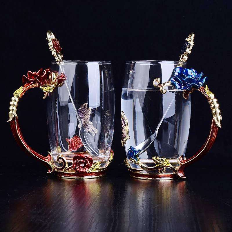 LUXURY Rose Enamel Color Crystal Glass Tea Cup Heat Juice Glass Couples