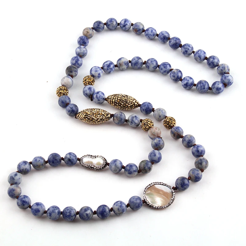 

Free Ship Fashion Natural Blue Dot Stones Bohemian Tribal Jewelry Knotted Handmake Paved Ethnic Necklace