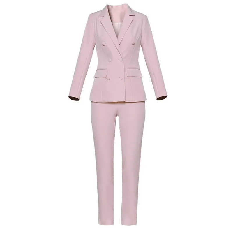2018 Spring New Show Style Fashion Pink Elegant Slim Fit Polyester Full Sleeve Double Breasted Notched 2 Pieces Pants Set