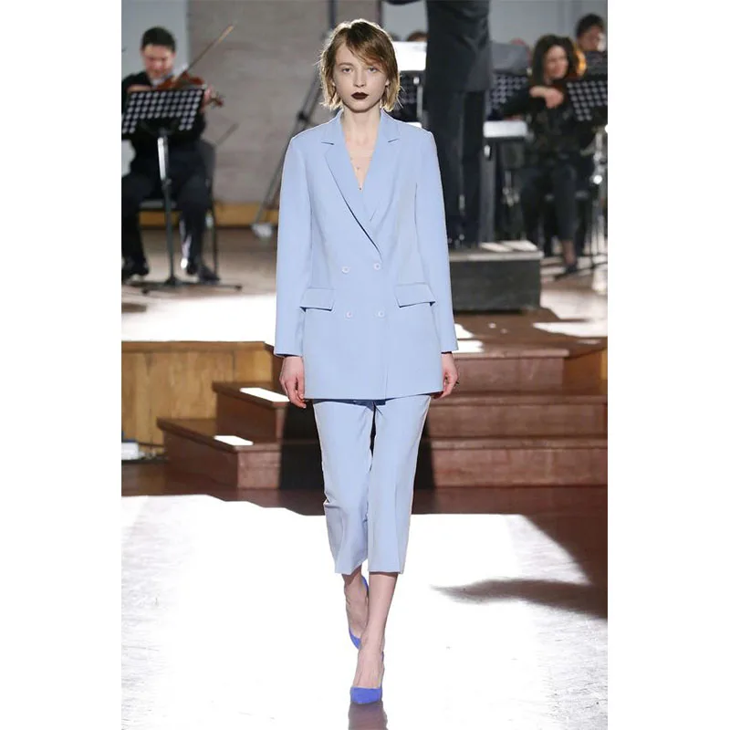 Custom Light Sky Blue 2 piece set women elegant pant suits female